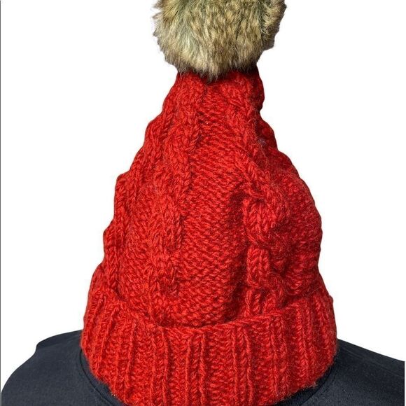 Nirvana Designs Handmade Nepal Red wool lined beanie with brown rabbit pompon - Picture 3 of 8